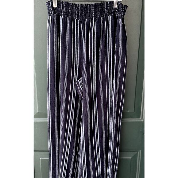 Ellen Tracy Linen Wide Leg Full Length Pants Sz M Navy w/ Stripes Lagenlook Easy - Picture 3 of 5